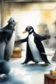 Placeholder: a penguin is an angry boss in a factory, atacking people with money. watercolor. fight, mortalkombat.