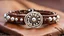 Placeholder: macro photo of a bracelet made of brown leather and tiny pearls in nice ethno style on a woman's wrist, detailed, sharp contrasts, realistic, cinematic, blur background