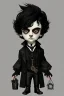 Placeholder: black haired black eyed young man necromancer steampunk Gnome that looks like a young Edgar Allan Poe with gothic jewelry in the style of Charles Addams