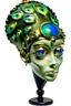 Placeholder: weird lady peacock, transparent, glass head, one eye, surreal by dali