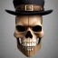 Placeholder: stunning disney Pixar cartoon, cartoon grumpy skull with steampunk hat, full shot, confused eyes, realistic eyes, beautiful perfect symmetrical face, extremely detailed, ultra hd, hdr, 8k, cinematic, dramatic lighting, Stanley Artgerm Lau style, beautifully color-coded,studio Portrait Lighting, illuminated face, golfers hat, hair sticking out of hat, plain black background, no gradient color