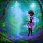 Placeholder: blue ridge mountains environment, fairy novel character, vibrant colors in the style of little african princess, circle shaped format with floral boarder, colorful volumetric reflective lighting effects, beautiful spirit ultra detailed, Intricate concept character design is walking through the dark forest woods