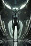 Placeholder: scary alien creature with alien skin,(((Beautiful drooping eyes))),(((Slightly longer arms)))、((long neck)))、Normal shoulder width、(short thighs)、(((Long below knee)))、(((thick waist)))、(Fairly long torso), with a damp and steamy highly detailed spaceship corridor in the background, full body, perfect face, detailed face, perfect body, highly detailed body, highly detailed skin, superior artificial intelligence, half of the face is robotic skeleton, stunning facial details, 45 degree angle of
