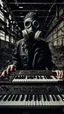 Placeholder: a person with a gas mask in an abandoned big massive factory, playing with a modular synth piano