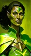 Placeholder: A tall woman with tanned skin. Her face, marked by the years, always has a smirk on it, showing her superiority in the eyes of the others. She is dressed in leather armor and wears a yellow and green cape. A scar runs from her right ear to her neck.
