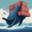 Placeholder: A whale carrying shipping containers on its back ,in the ocean. Digital Art, Digital Drawing