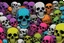 Placeholder: a field of 1000s of cartoonish, anatomically correct, skulls, vivid RANDOM BRIGHT neon colors, dark comedy, well lit, high detail, photorealistic, horrorcore, fun, scary, none featured, each a different color or hue,