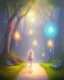 Placeholder: park mystical dream, park bench, man, woman, child, dog, trees, path, bird, sunshine, mystical, fantasy, romanticism, pastel colors, daylight, daytime, acrylic painting, detailed, soft focus,