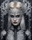 Placeholder: Beautiful faced young blond winter queen biomechanical woman, wearing silver goth punk metallic filigree floral face masque, adorned with goth punk silver metallic diadem headress, wearing biomechanical amalgamation style leather jacket dress ribbed with silver floral metallic filigree biomechanical vantablack pattern, organic bio spinal ribbed detail of gothic winter snowy backround extremely detailed maximalist hyperrealistic portrait