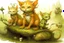 Placeholder: playing kittens Artist Jean-Baptiste Monge style. playing humanoid orange yellow white mossy kitty cat lizard-faced girl with mossy fur. White eyes.