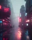 Placeholder: Cyberpunk district with giant foggy skyscarpers, cars, FoV: 100, HD, Unreal Engine 4, Blade Runner 2049, heavy rain, rainy streets reflection, neon signs, low contrast, grainy, less color