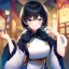 Placeholder: Clear focus,High resolution, Black short fluffy hair, and blue eyes, wearing a Chinese Traditional outfit dark green with black, Blushing, Hand up, white fur around her neck