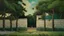 Placeholder: A landscape painting of an ancient white stone wall with a black metal barred gate centered in the composition. The weathered stone wall extends horizontally across the entire width of the image. Two tall dark green cypress trees stand behind the wall against a pale blue sky. The foreground features a still pool of water that perfectly mirrors the wall, gate, and trees. The evening light casts long shadows across the textured stone surface of the wall. Traditional landscape oil painting with pre