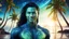 Placeholder: beautiful gorgeous young man na'vi with long hair, Avatar, blue skin, two small ears, green eyes, black hair, in cosmic suit, galactic ambiance, smiling, with spaceship and planets and palm trees and clear crystaline cosmic beach in background