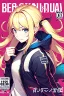 Placeholder: blonde girl with hair with two tails waring jacket, line arts, manga cover