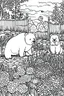 Placeholder: Outline art, bears in the garden, cartoon style, black and white, low detail, --ar 9:11