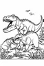 Placeholder: A coloring page, white backgrounda Depict a T-Rex family participating in a group learning activity, such as practicing their hunting skills or identifying different plant species, with the parents guiding their offspring through the process. ink drawing clipart, simple line