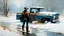 Placeholder: a cowboy standing by a blue pickup truck that is stuck very deep in snow during a snowstorm, with lots of blowing snow :: by Robert McGinnis + Jeremy Mann + Carne Griffiths + Leonid Afremov, black canvas, clear outlining, detailed