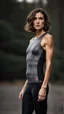 Placeholder: photography of a beautiful anorexic woman, grey satin triathlon top, sports illustrated, brunette short wavy bob haircut, pronounced sternum, flat chest, anthracite short leggins