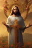 Placeholder: Jesus portrait holding holy cross in hands, detailed hands, at dawn by atey ghailan, golden light , white robe, leaves and flowers , angels background, volumetric light, high detail, red leaf tree, mountains in background, perfect