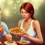 Placeholder: A girl eating a meal with her boyfriend who is having an erection