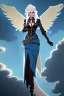 Placeholder: blue sky clouds, blonde steampunk angel in a flowing gown, majestic