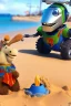 Placeholder: The robot and the moose on the beach happily making sandcastles in the sun, art by Pixar and Disney