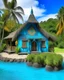 Placeholder: A blue island resort designed in Hawaiian tikis painted by Paul Gauguin