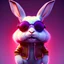 Placeholder: pixar style anamorphic cute rabbit baby, smiling, cyberpunk sunglass, gangsta gold neckless, full body, magenta puffer jacket, manila city backdrop, dramatic lighting, hyper realistic, unreal engine 5, 16k