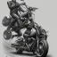 Placeholder: technical concept study, pencil sketch, harley davidson, A Motorcycle champion sitting on a motorcycle ,From the side