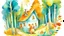 Placeholder: watercolor painting home of cartoony bear in the forest cute home