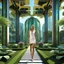 Placeholder: Highly detailed and intricate 3D fractal recursive art, featuring a single young woman/girl wearing fashionable modern clothing, walking directly towards the camera through a lush, futuristic villa garden. The garden is part of a larger technologically-advanced city, with towering skyscrapers and floating vehicles visible in the background. The garden itself is a verdant oasis, with exotic flora, flowing water features, and a seamless integration of natural and artificial elements. Holographic