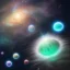 Placeholder: cosmos, metallic sky stars, sky blue light, blue light, green moons with neon rings, 8k resolution, detail