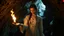 Placeholder: a woman with brown braided hair in a scary cave, holding and looking a flame in her palm in a white vintage long-sleeved nightgown, the inside of the cave is illuminated by the flame, close shot, detailed, high realistic, perfect photo, dramatic, dark fantasy