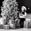 Placeholder: black and white, sepia, toddler, Christmas tree, dystopian, Santa with cone shaped hat, presents