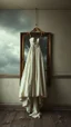 Placeholder: An old dusty wedding dress hanging on the wall in front of broken big mirror on the wall of an abandoned room , stormy foggy sky in the background, Bosch painting style, sad and tragic and dark scenes