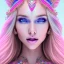 Placeholder: beautiful, soft, big smile face, whole head, long straight blonde hair blues eyes, crown on the head, clothing in transparent bluish and pink veil, background brillante bluish and pink, hight definition, 8K