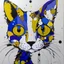 Placeholder: A colorful, abstract and minimal painting of a cat with exaggerated features. The cat has large eyes, a patchwork of gold, purple and tan fur, with black outline details giving a scribbled effect. the image is in the middle of a white canvas. The background should be clean and mostly white, with subtle geometric shapes and thin, straight lines that intersect with dotted nodes. The style is expressive and textured, reminiscent of outsider art.