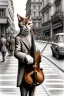 Placeholder: One single mature cat playing violin on the street, Vienna, friendly, model style, hyper realistic, extremely accurate, delicate, extremely detailed, Graphic novel style, wide-angle, open aperture, superfine pencil