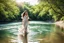 Placeholder: beautiful girl in pretty dress walking in water toward camera in trees next to wavy river with clear water and nice sands in floor.camera capture from her full body front