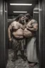 Placeholder: half figure shot photography of two ugly gypsies close, face to face, 41 years old with dreadlocks, overweight muscular chubby, tattoo, beard, bullneck, shirtless, manly chest, hairy torso , embraced, broken short pants,, angry eyes, in an elevator, top light, ambient occlusion, photorealistic, side view from the ground