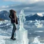 Placeholder: in a frozen sea with pretty mountains a full lady ice statue with clothing in artist pose standing over a ice block looking at camera, of clear glass like ice that going to melt and water drops fall from all body.