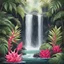 Placeholder: Separate waterfall with tropical leaves and dragon fruit