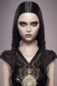 Placeholder: Detailed Wednesday Addams, black hair buns, black bangs, black latex bodysuit, intricate details, full body portrait, keep head in frame, slight smile, concept art, highly detailed, digital painting, concept art, sharp focus, illustration, HDR, octane render