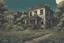 Placeholder: house, overgrown apocalyptic city background, comic book,