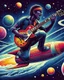Placeholder: Rock and Roll Guitar Player playing a six string les paul guitar and Surfing on a Rocket in outer space with colorful planets around him in the style of Laurel Burch.