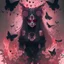 Placeholder: Goth girl, mask japan, burning all, fullbody, creepy, horrifying, dreadful, sinister,blood, leaning pose, Butterflies, Skulls, raining, raivens, guts, wildflower, intricate, nature, plants, pink, rabbit, darkred tones,