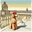 Placeholder: Vintage drawn illustration of a poodle wearing a beret and smoking a cigarette on the rooftop of the Louvre, french illustration, highly detailed, color pencils, vogue