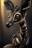 Placeholder: okapi lamb meerkat,hyperrealism, masterpiece, expert, 8K, dramatic lighting, sharp focus, dark, black, steampunk