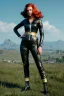 Placeholder: retro portrait image from 1960, sky background, wind, long red hair, fighting stance, sweet young Scarlett Johansson, black dress, classic tight lycra black suit, weapon, gold bracelet and belt, high heel boots, soft color, highly detailed, unreal engine 5, ray tracing, RTX, lumen lighting, ultra detail, volumetric lighting, 3d, finely drawn, high definition, high resolution.